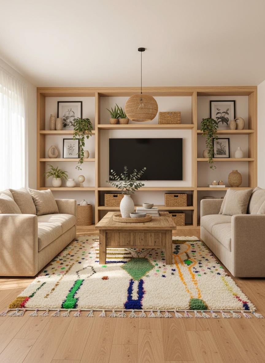 Moroccan wool rug with abstract tribal design in a cosy living room