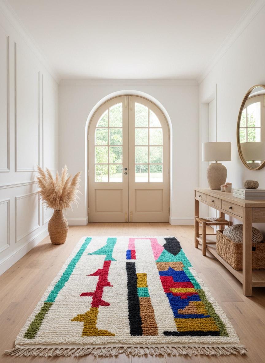 Abstract Berber rug styled under coffee table