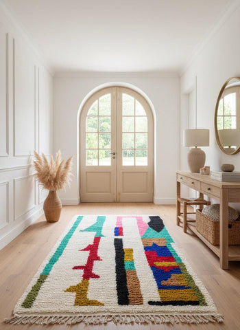 Abstract Berber rug styled under coffee table