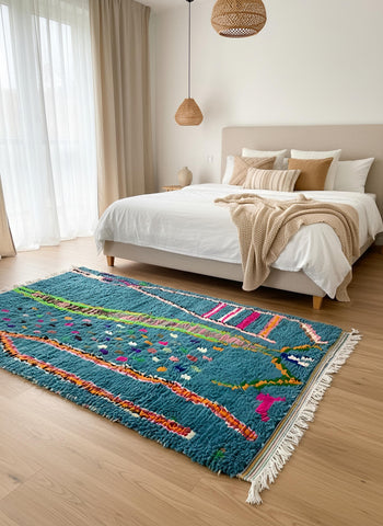 Handmade Moroccan wool rug in blue with multicolor abstract design placed under a neutral bed in a calm bedroom.