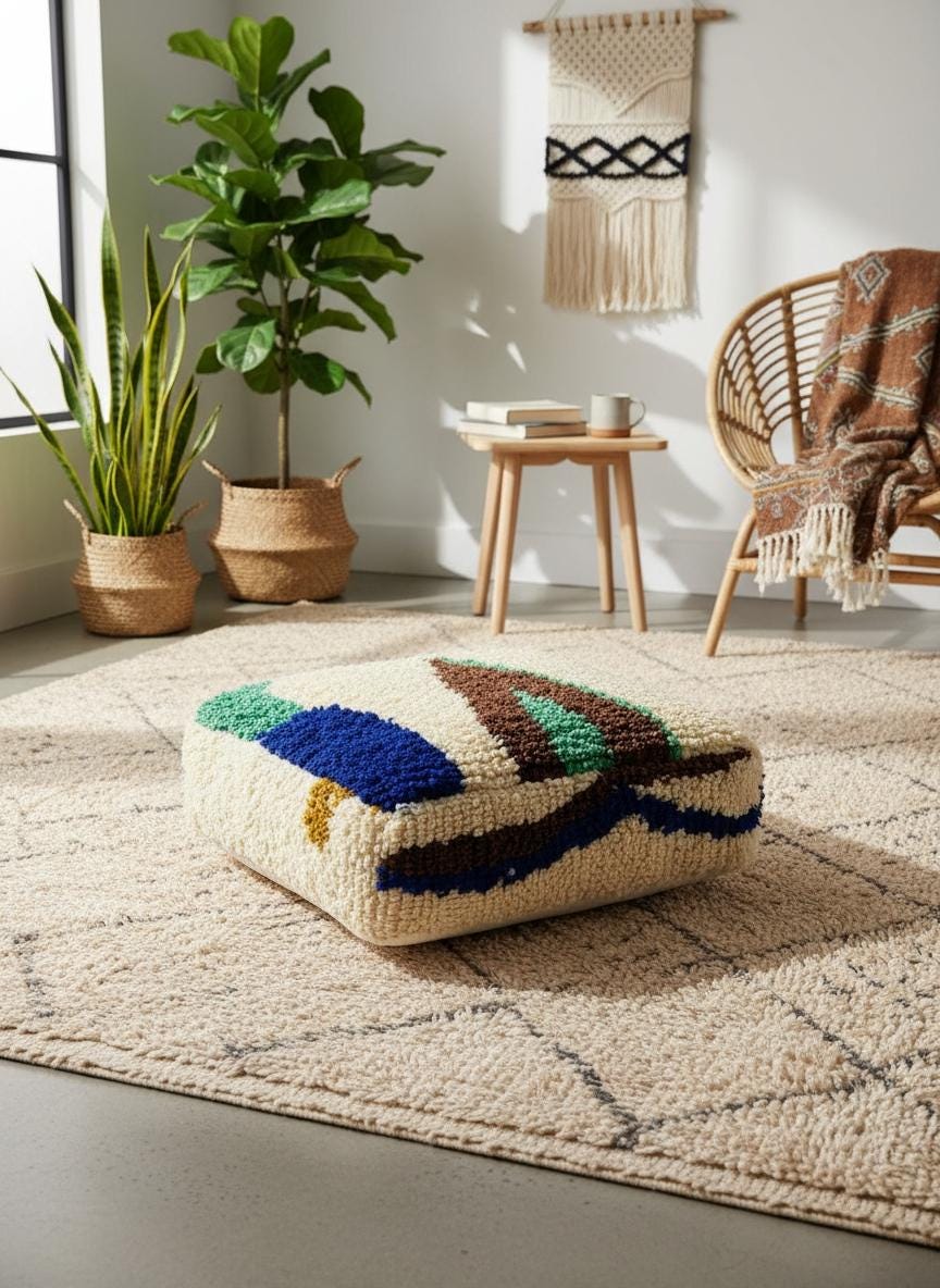 Moroccan wool floor pouf with bold blue, green, and brown abstract patterns placed in front of a tan leather sofa.