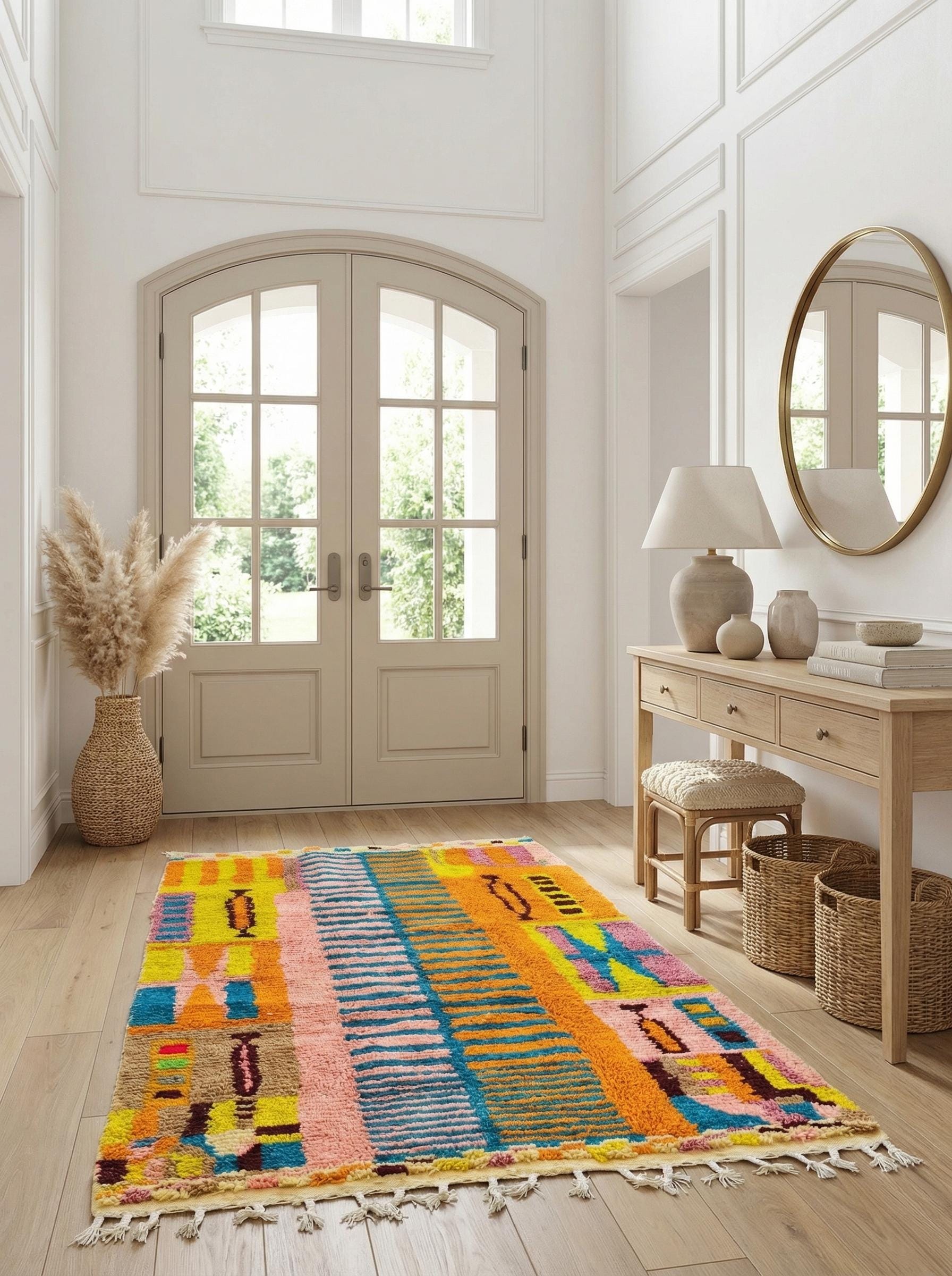 Vibrant handmade wool Berber rug in entryway setting