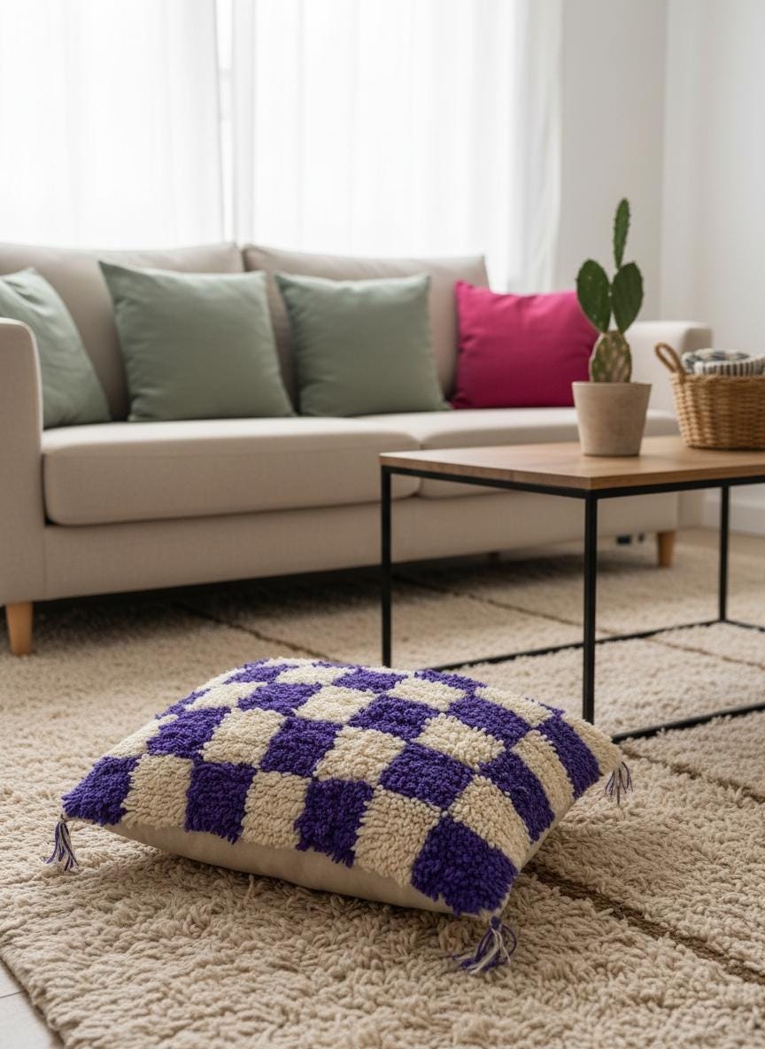 Handmade Moroccan purple checkered wool pillow styled on a living room rug.