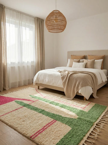 Handwoven Moroccan cactus rug placed under bed in a cozy neutral bedroom
