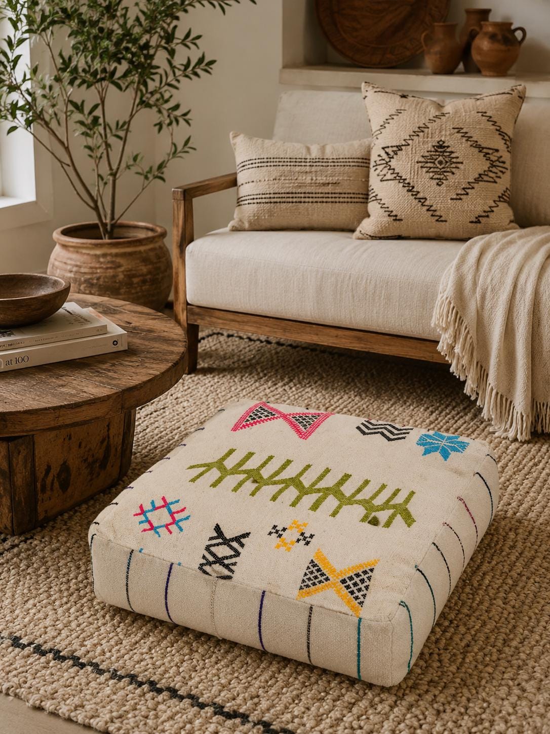 Colorful Moroccan pouf with embroidered Berber motifs styled in a bright neutral living room.
