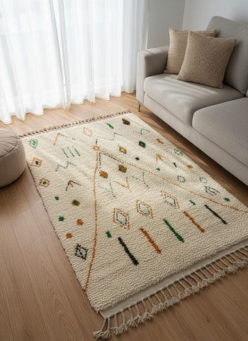Plush cream wool rug beside sofa with textured high pile