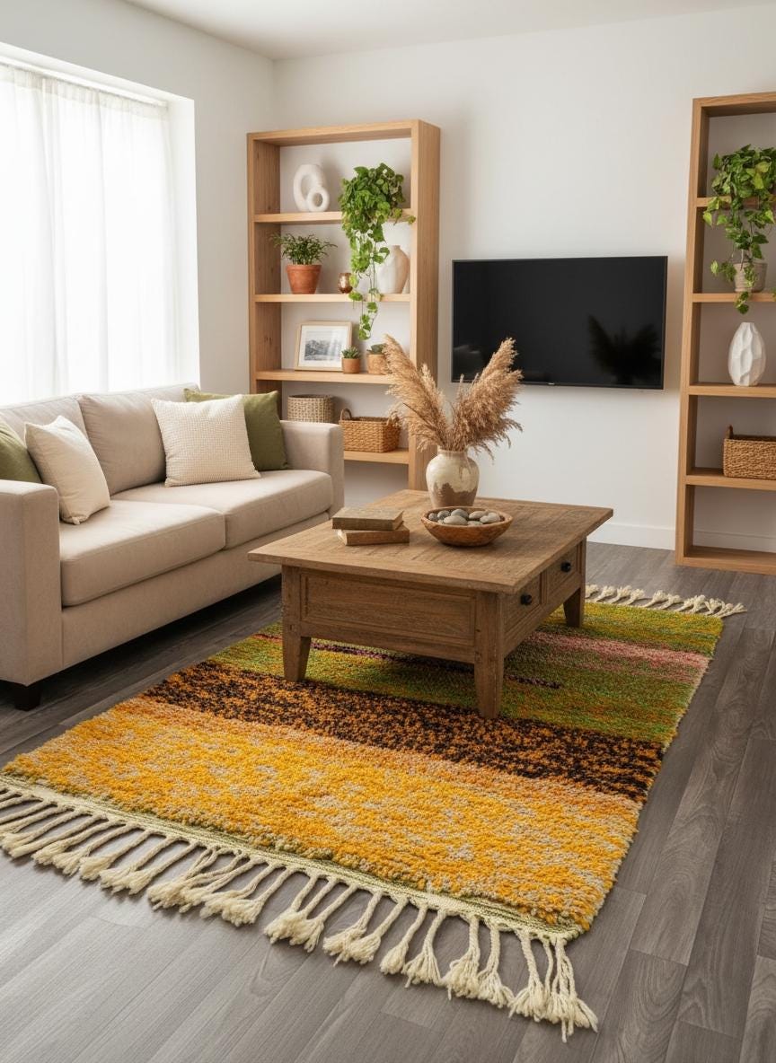 Colorful Moroccan area rug in modern living room.