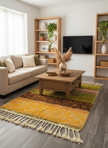 Colorful Moroccan area rug in modern living room.