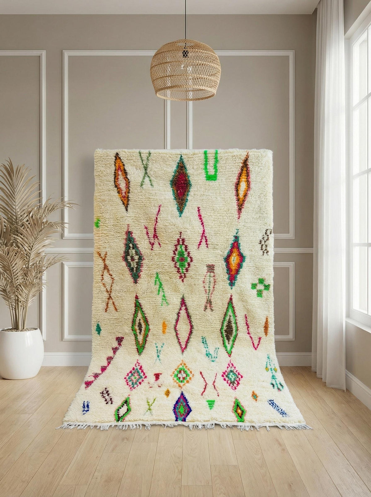 Handmade Moroccan wool rug with colorful abstract symbols