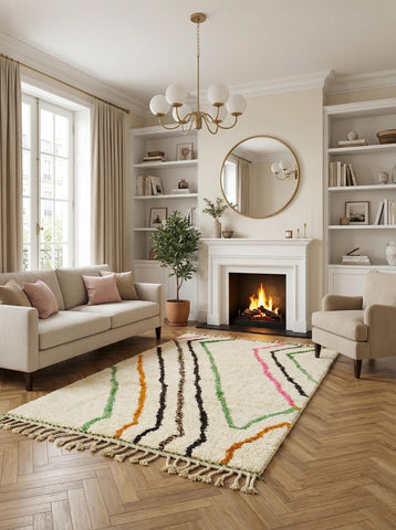 Cream wool Berber rug with abstract lines in modern fireplace living room