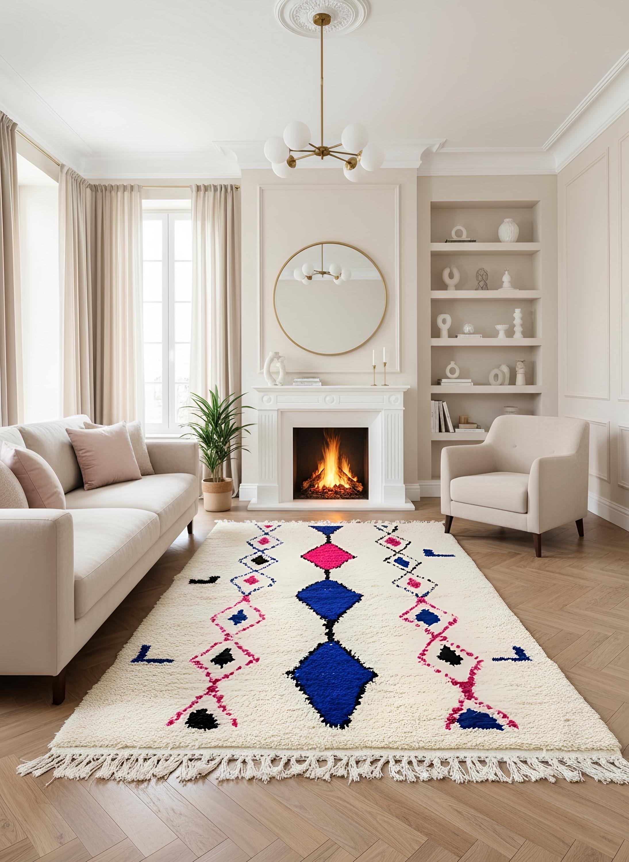 Moroccan wool rug with blue diamond pattern styled in a cozy neutral living room with fireplace and modern decor.