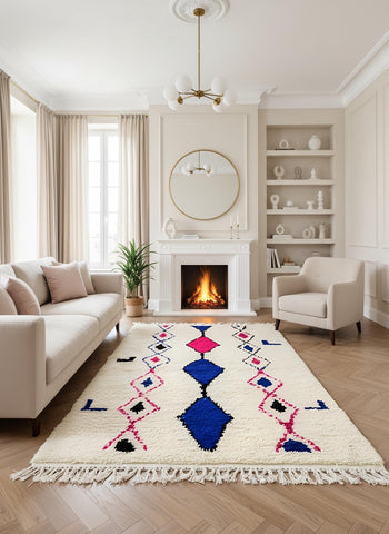 Moroccan wool rug with blue diamond pattern styled in a cozy neutral living room with fireplace and modern decor.
