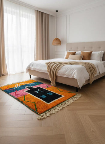 Abstract Moroccan wool rug styled in bedroom