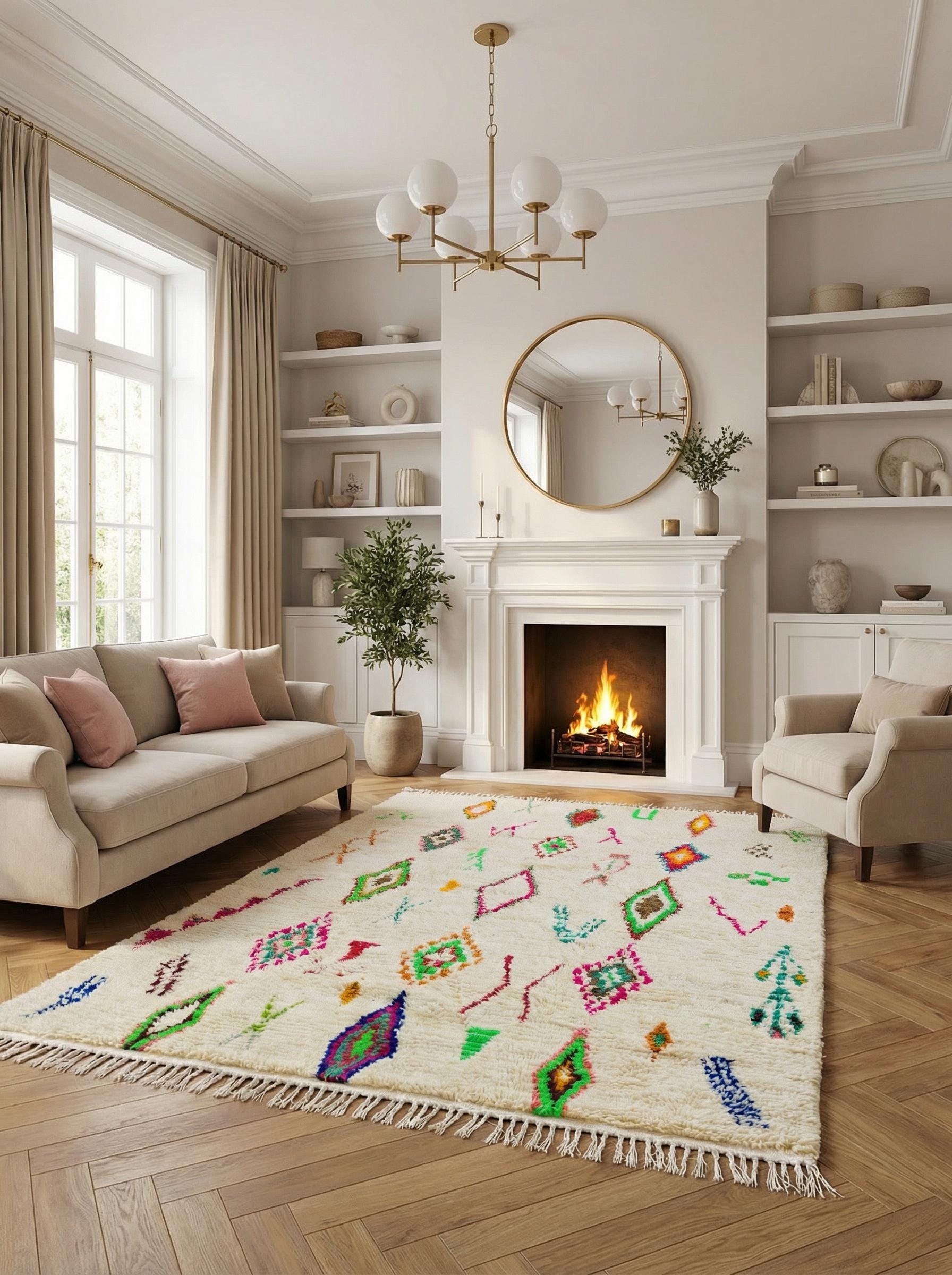 Cream Moroccan Berber rug with colorful geometric patterns in living room