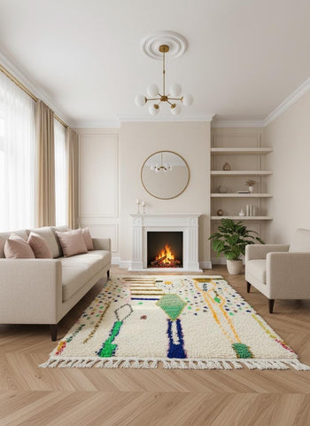 Cream Moroccan rug with colorful Berber patterns