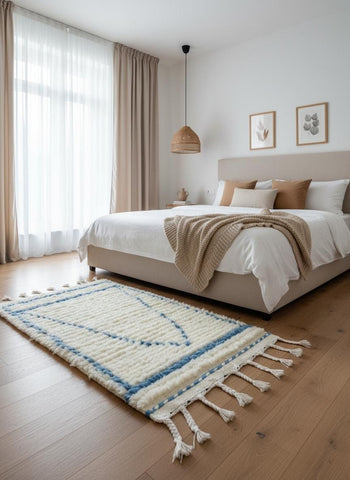 Minimalist ivory wool rug with blue triangle motif in bedroom