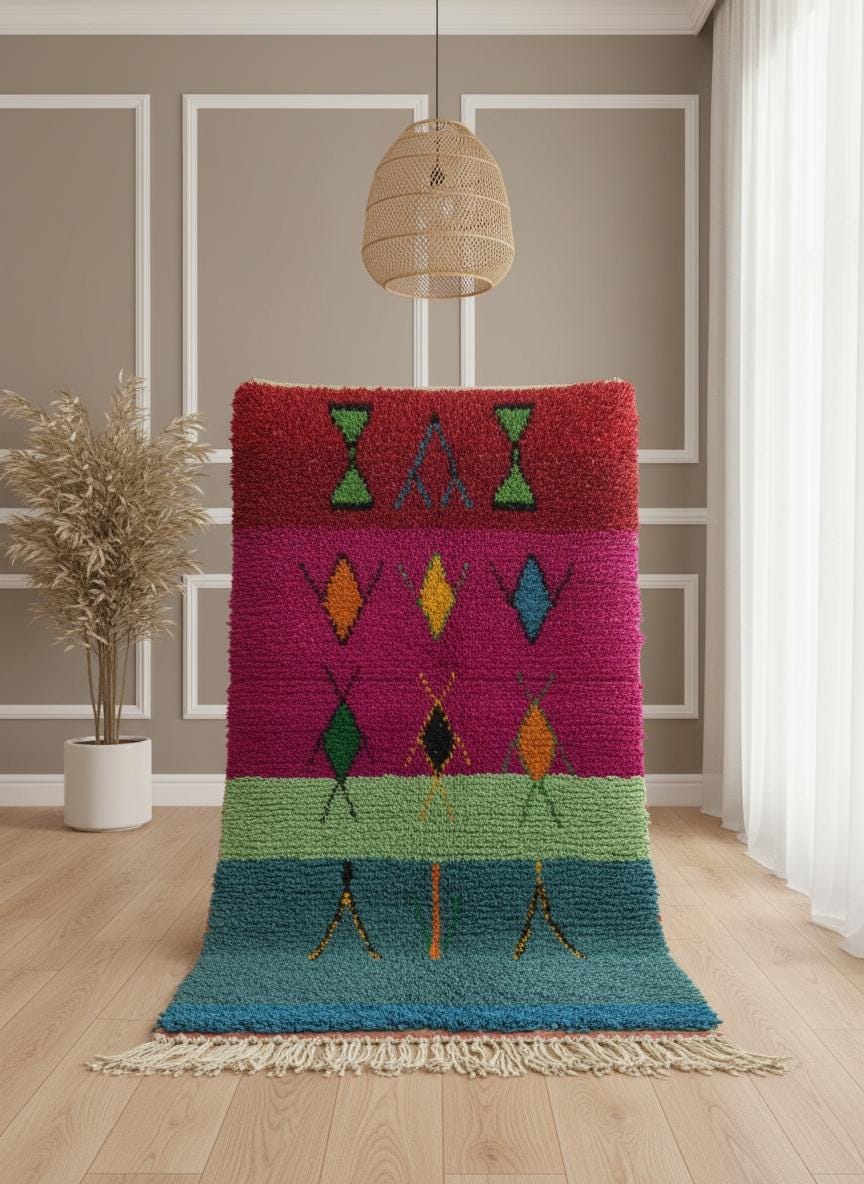 Bold geometric wool rug styled in modern bedroom interior.