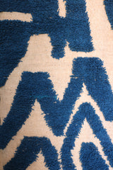 Close-up of handwoven wool texture in deep blue shag design

