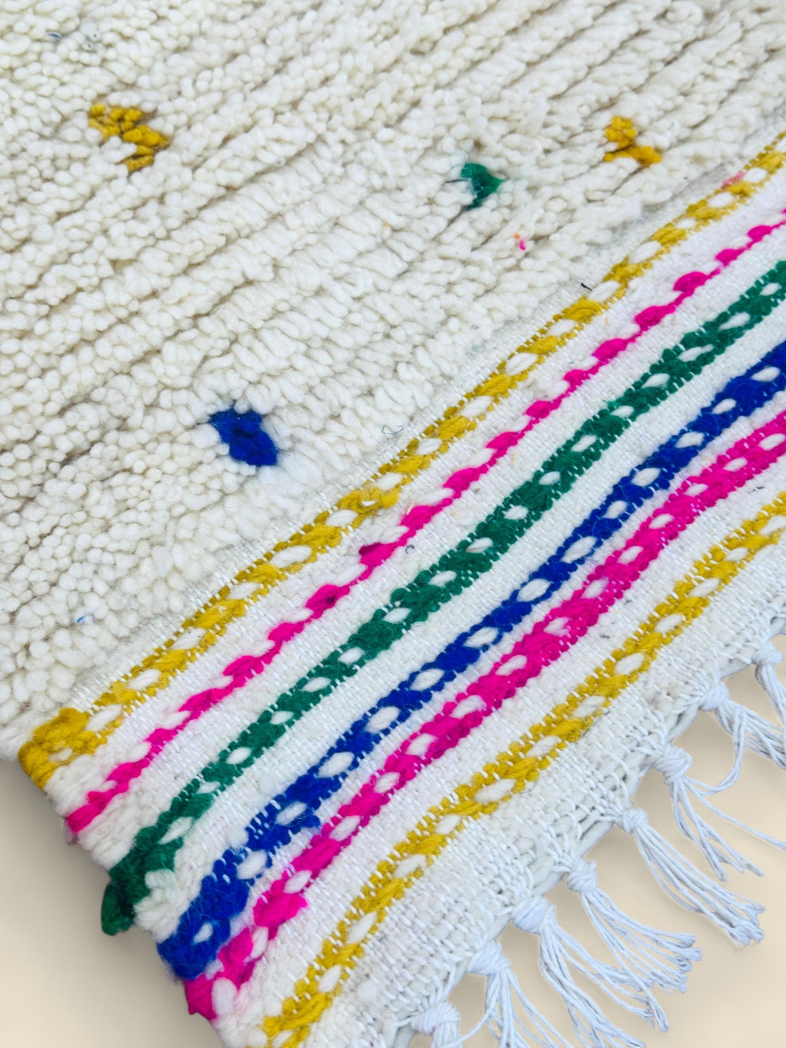 Detailed view of rug texture and vibrant border weave.