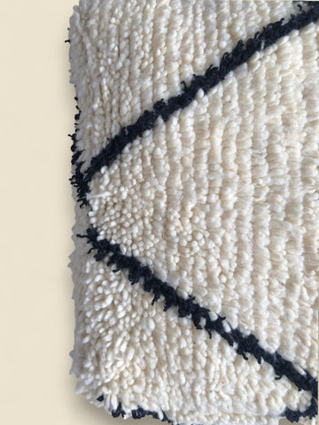 Close-up of handwoven wool texture and pattern on Moroccan pouffe