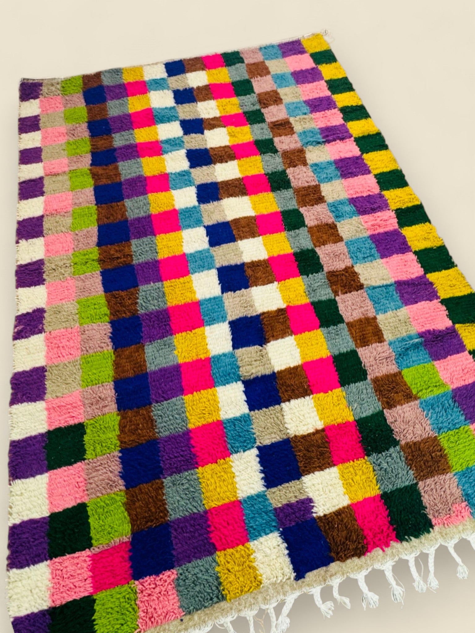 Handmade Moroccan Tilawin rug in bold multicolor squares