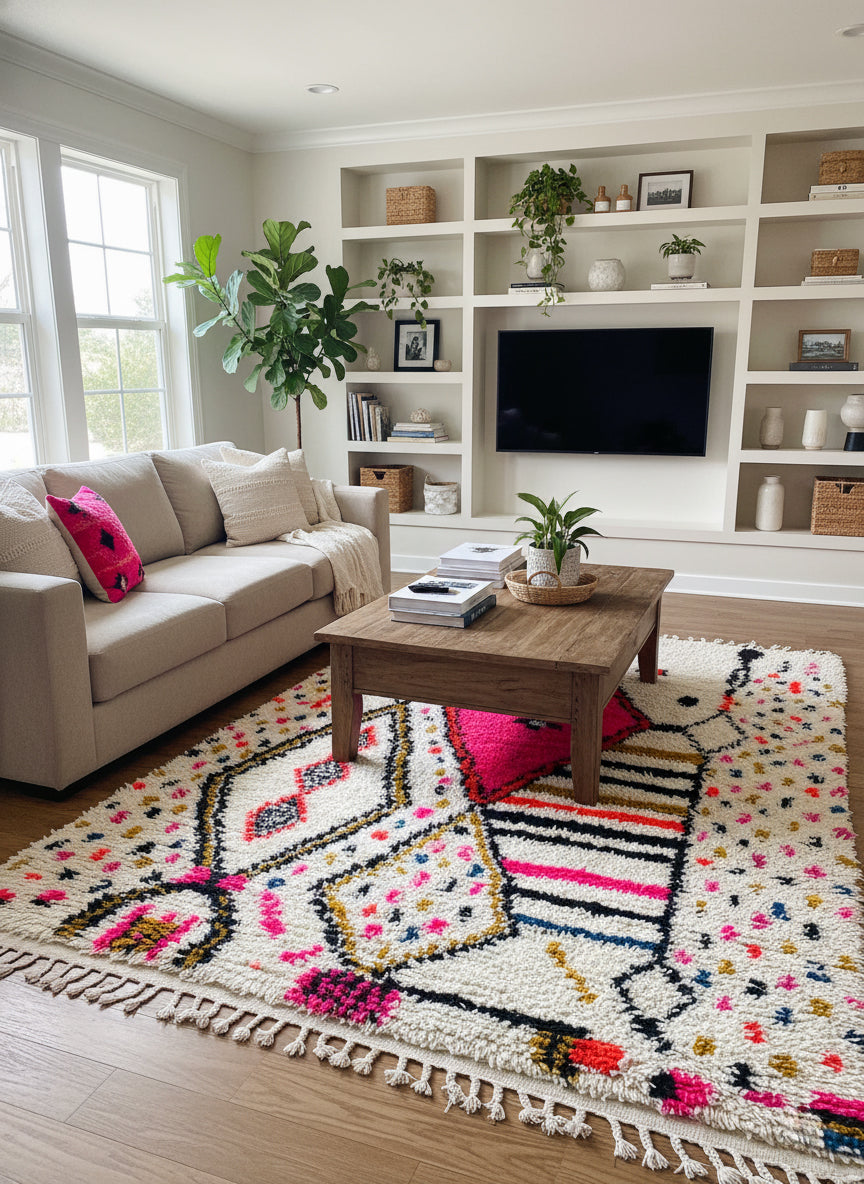 Tin Hinan colorful Moroccan rug in modern living room interior