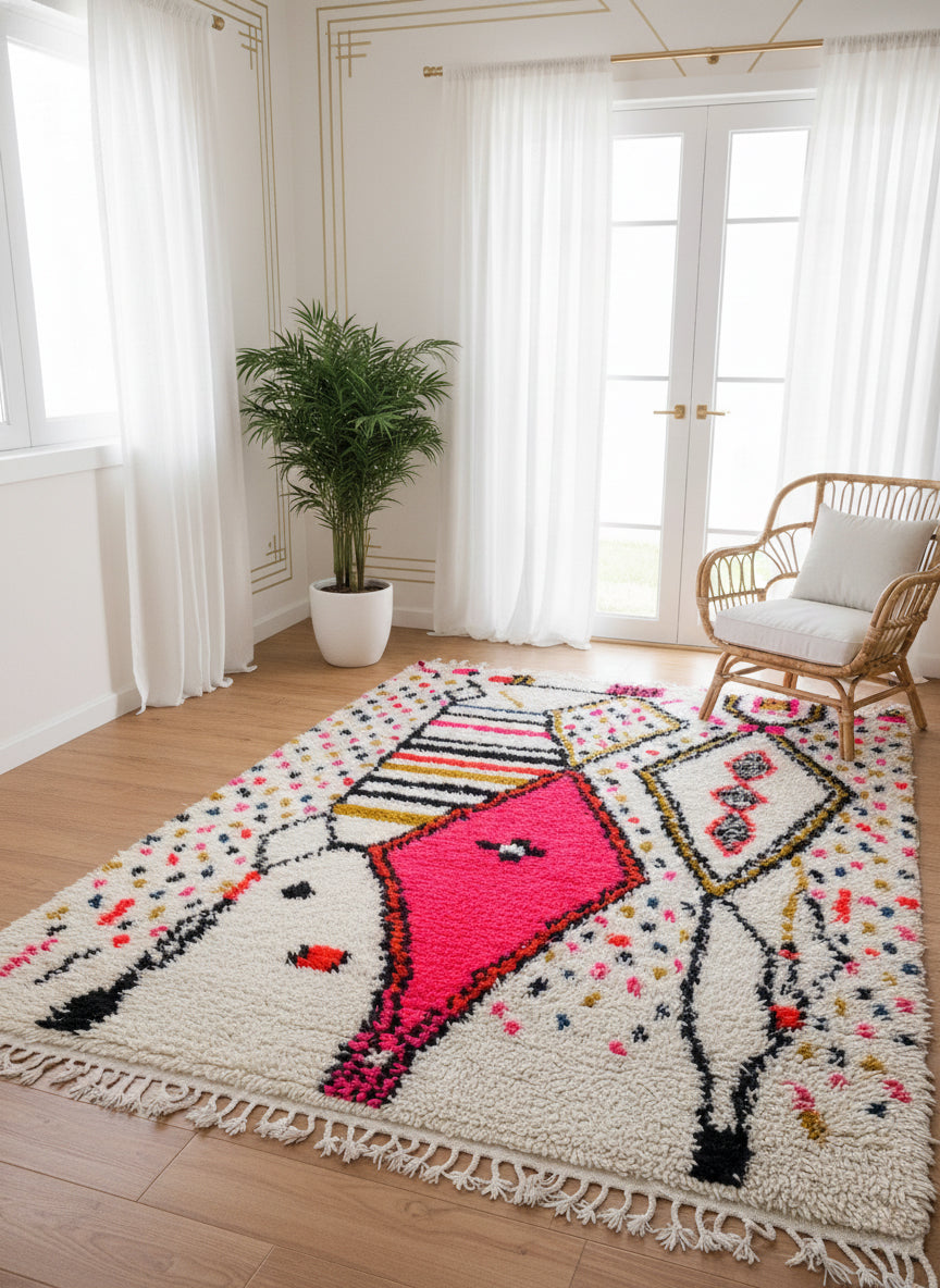 Colorful Berber rug with pink geometric patterns in bright living space