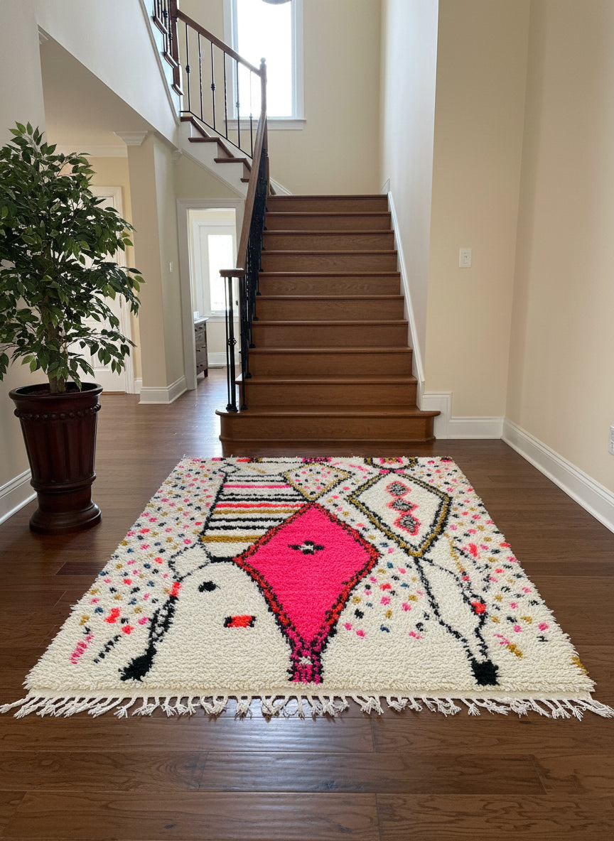 Moroccan colorful Berber rug placed in entryway near staircase