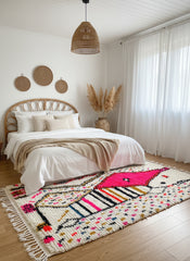 Berber colorful rug styled under bed in neutral boho bedroom