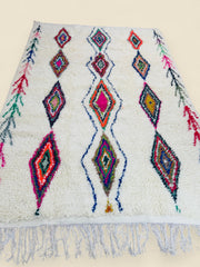 Handmade Tura Berber Rug with colorful diamond motifs on ivory wool background