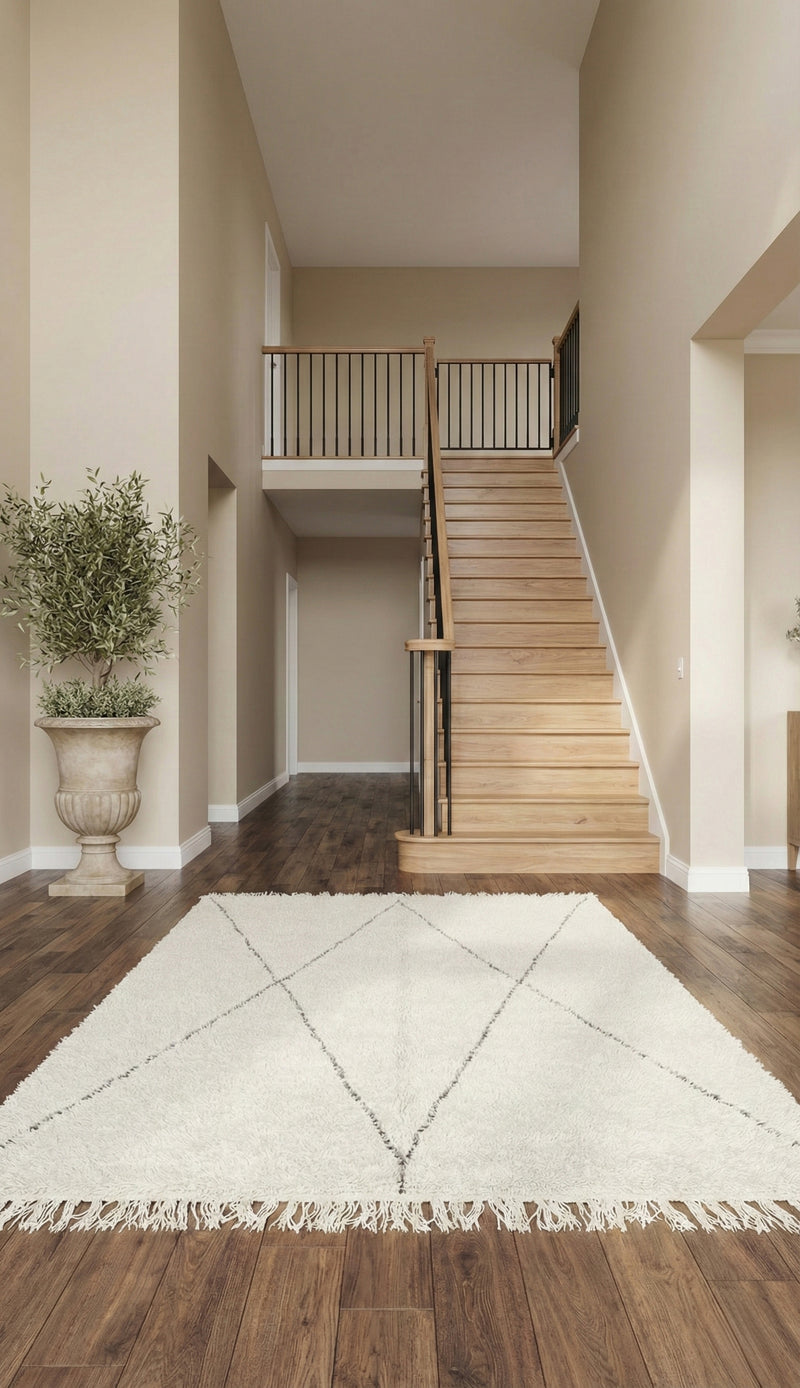 Awras cream rug with minimalist lines placed in a bright hallway.
