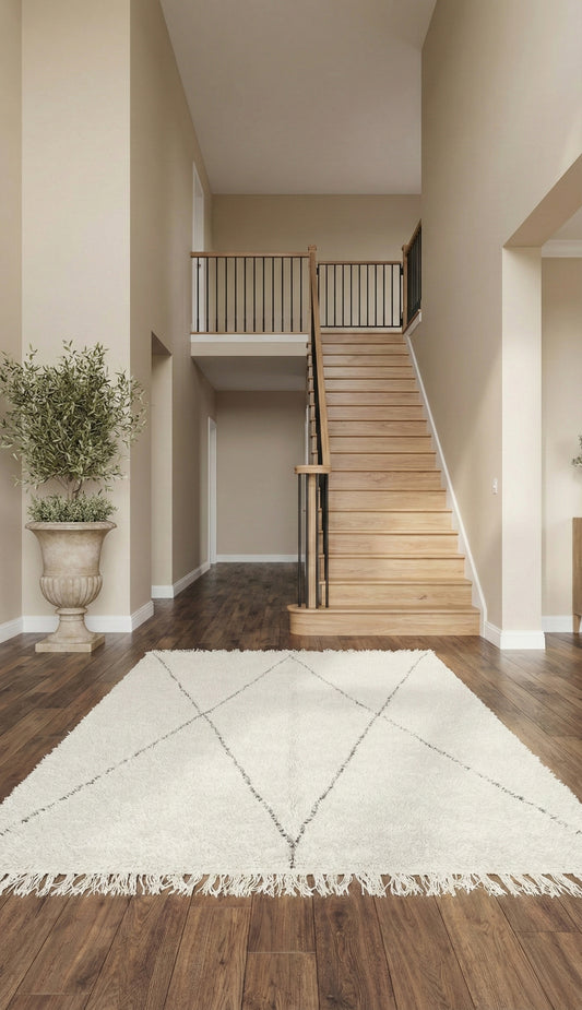 Awras cream rug with minimalist lines placed in a bright hallway.
