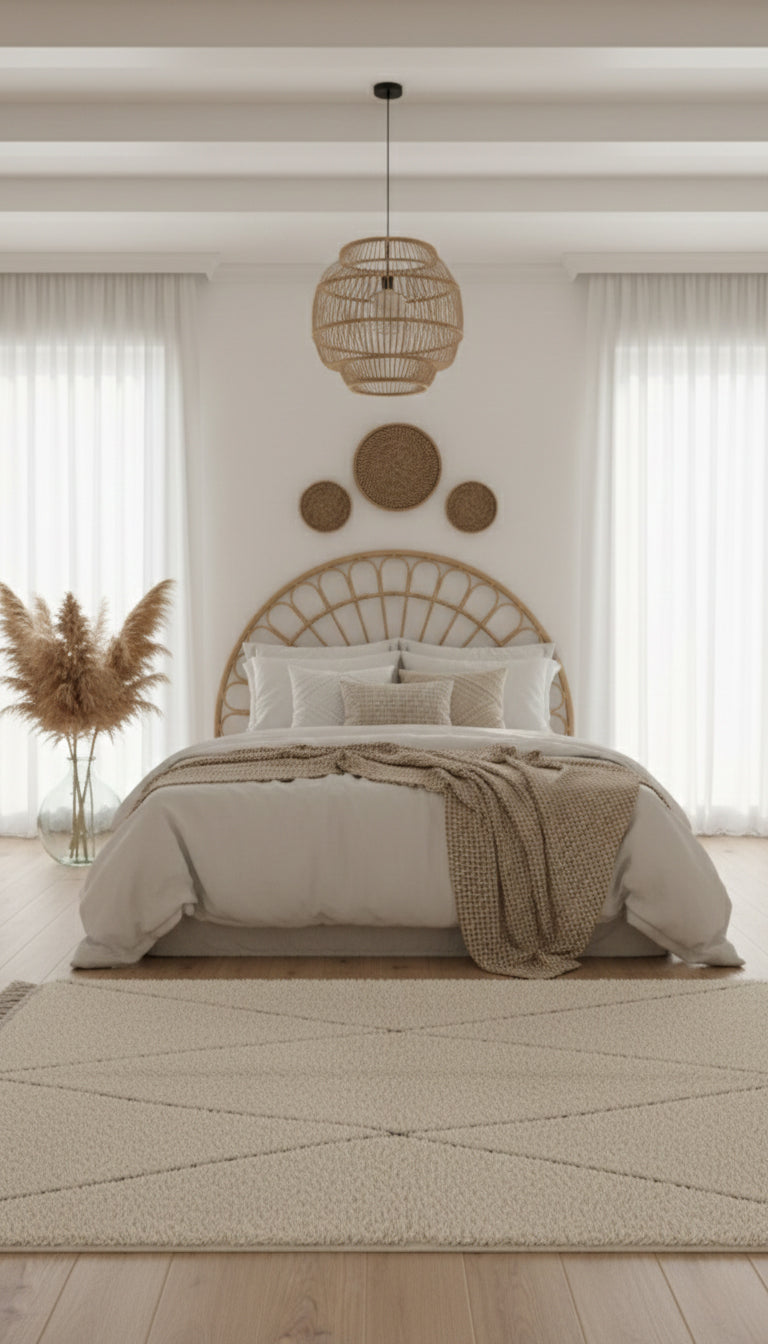 Neutral Awras rug styled in a cozy boho bedroom.
