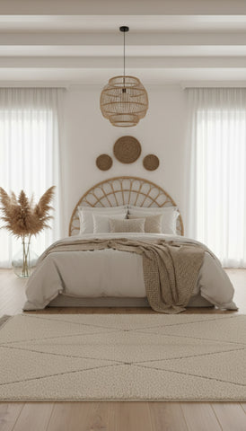 Neutral Awras rug styled in a cozy boho bedroom.
