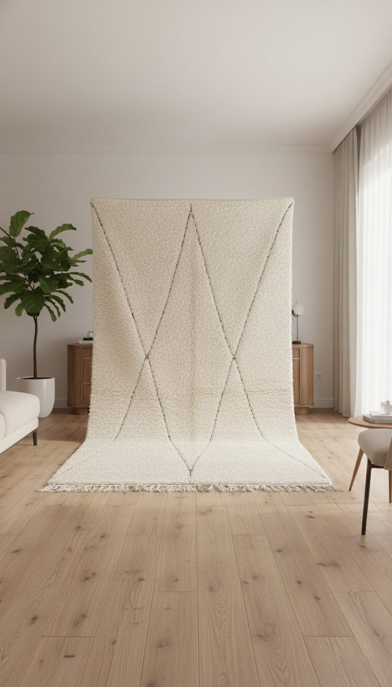 Awras rug displayed upright showing its cream wool and simple line pattern.