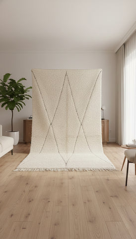 Awras rug displayed upright showing its cream wool and simple line pattern.