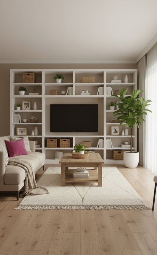 Cream Awras Berber rug with subtle geometric lines in a modern living room.
