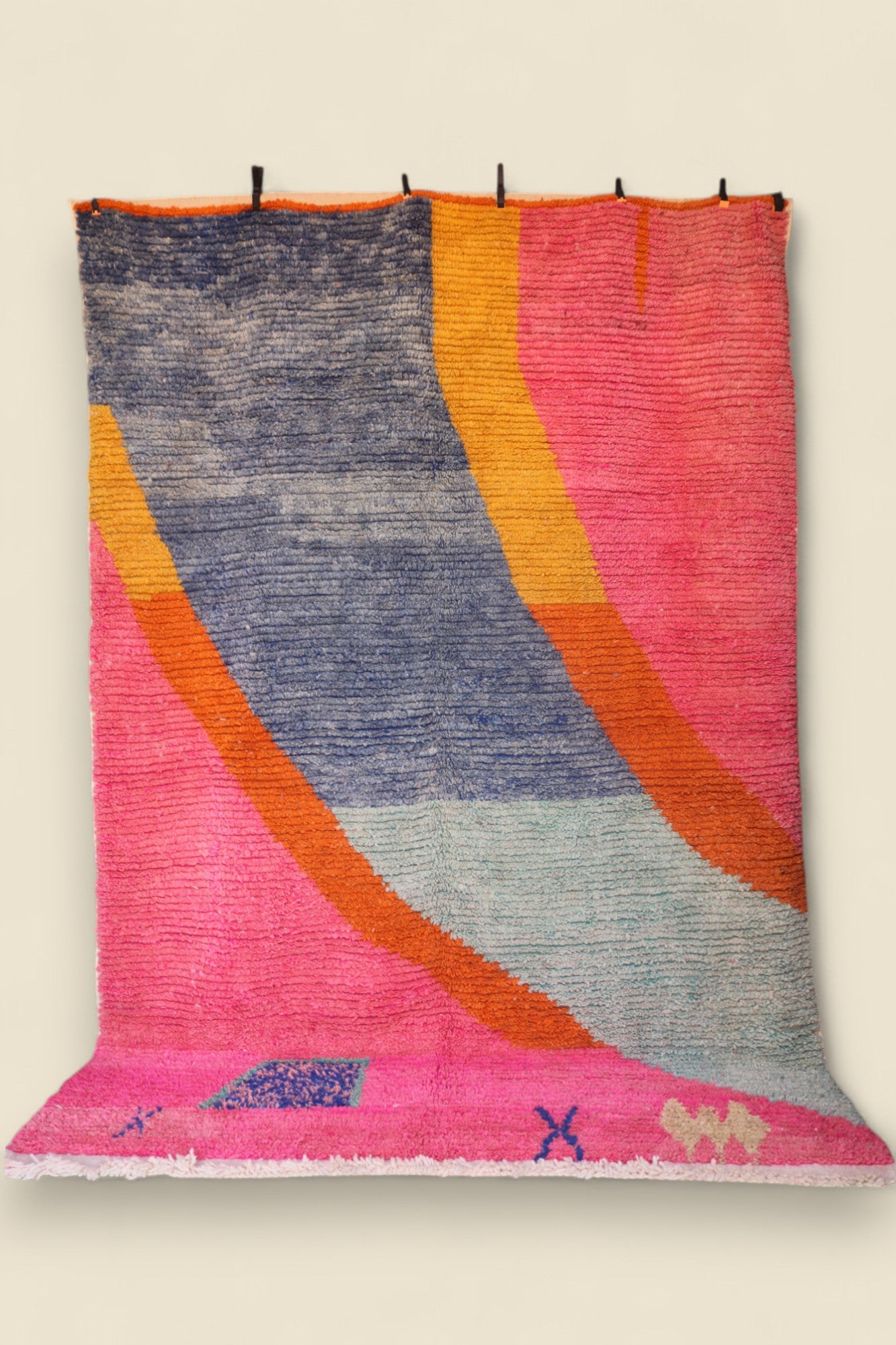  Handmade Moroccan rug in pink, blue, and orange with abstract geometric design