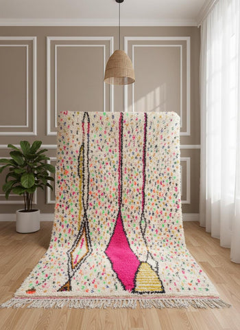 Textured wool pile with multicolor confetti accents on Moroccan rug