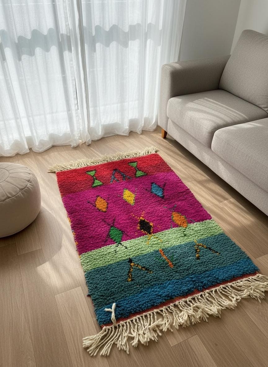 Handmade Moroccan area rug under wooden coffee table.
