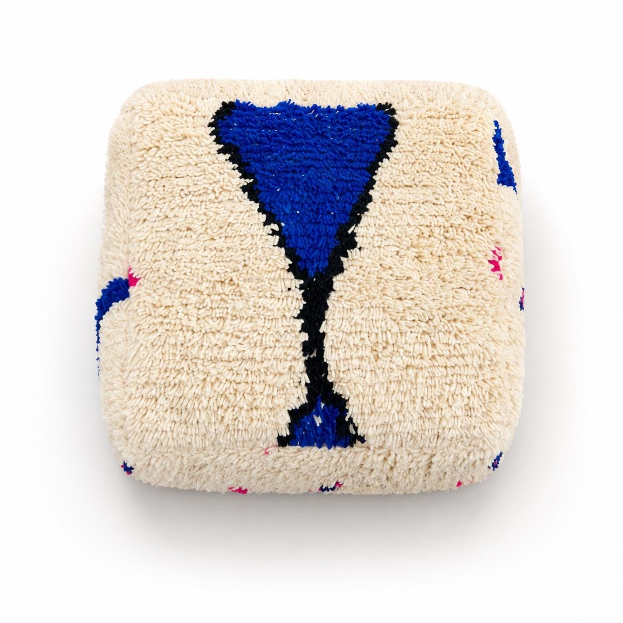 Moroccan Pouf Footstool in Ivory Wool with Tribal Details