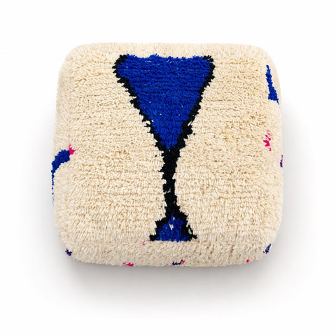 Moroccan Pouf Footstool in Ivory Wool with Tribal Details