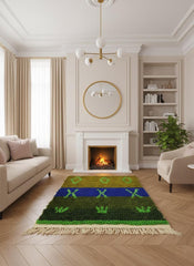 Handmade green Moroccan rug with blue geometric band in living room