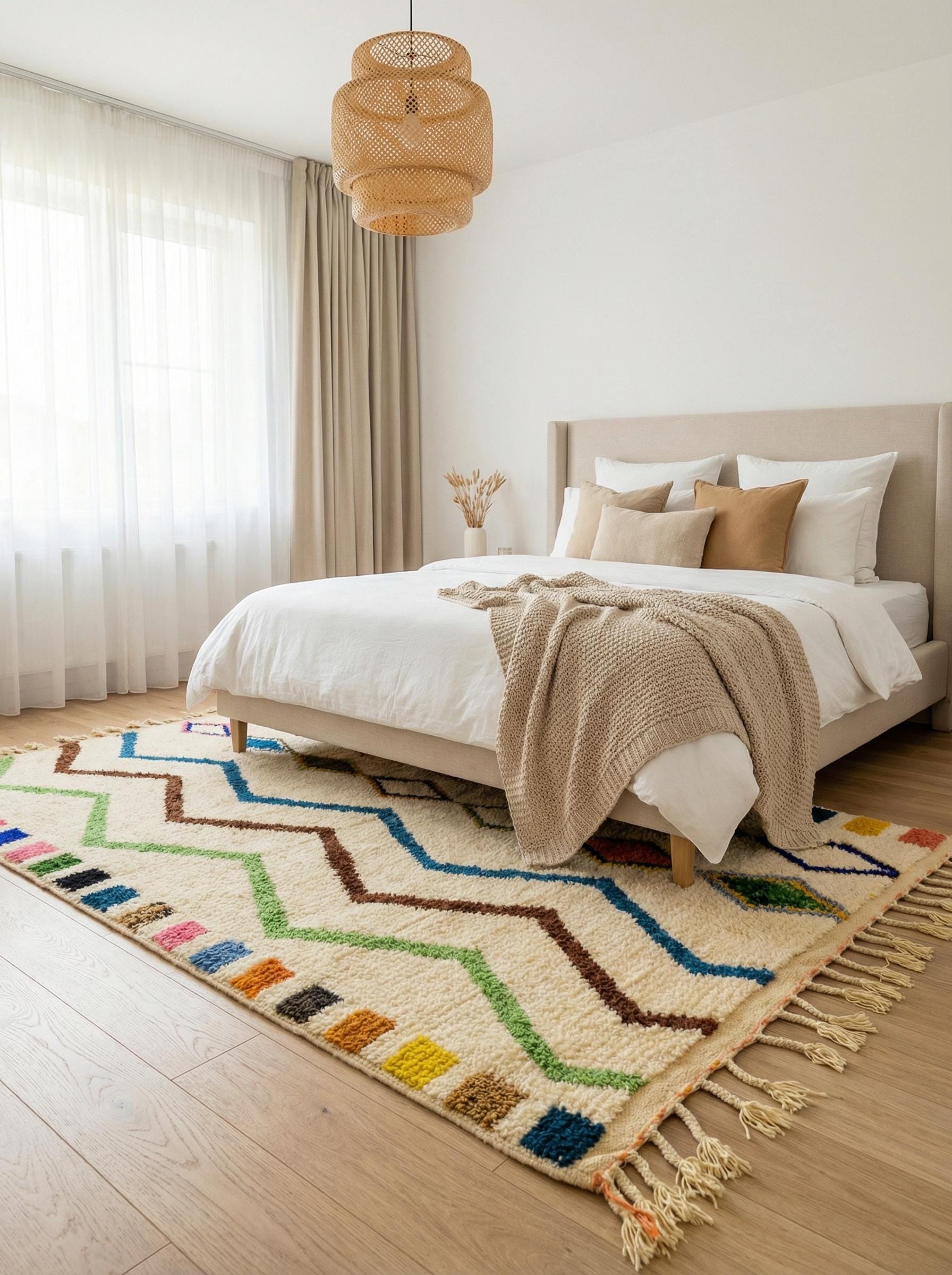Berber rug styled in cozy bedroom with neutral decor