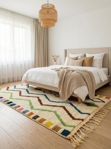 Berber rug styled in cozy bedroom with neutral decor