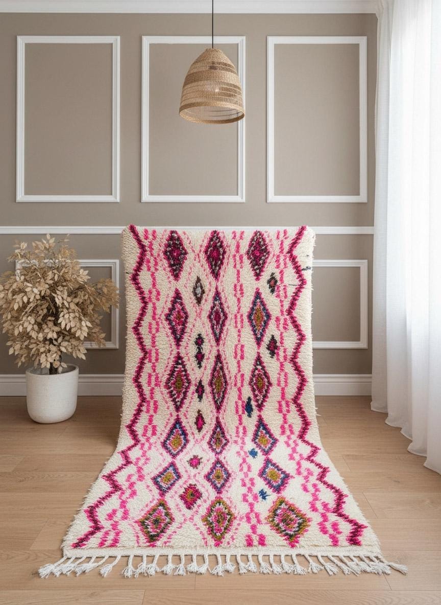 Handmade Moroccan wool rug with pink diamonds displayed upright
