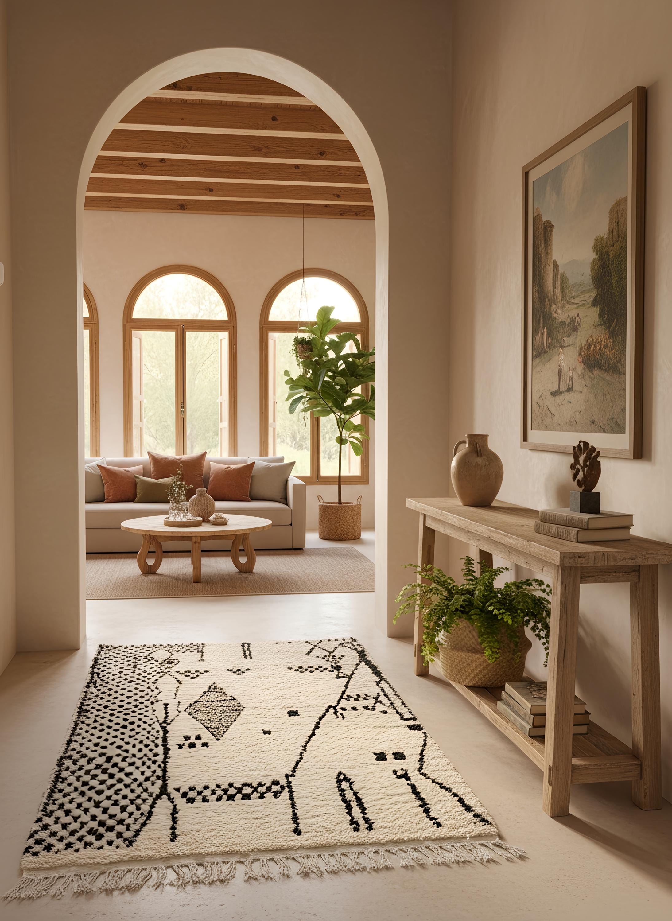 Black and white Moroccan Berber rug with abstract geometric patterns placed in a warm neutral hallway with arched doorway