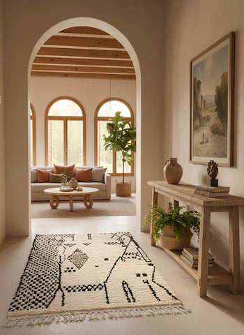 Black and white Moroccan Berber rug with abstract geometric patterns placed in a warm neutral hallway with arched doorway