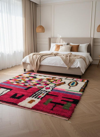 Pink Moroccan wool rug with bold geometric and abstract pattern in bedroom