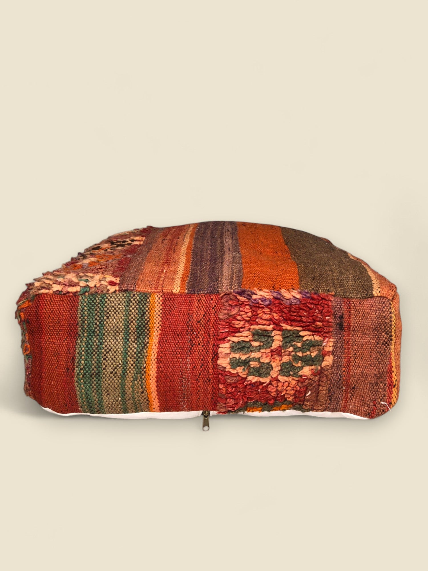 Side view showing zipper and colorful handwoven detail